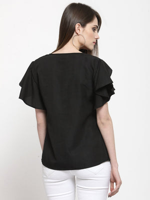 ZARVEY Casual Petal Sleeve Solid Women Black Top