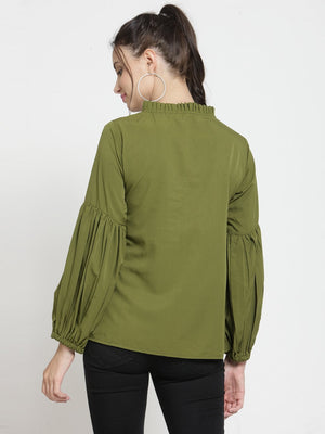 ZARVEY Casual Bishop Sleeve Solid Women Green Top