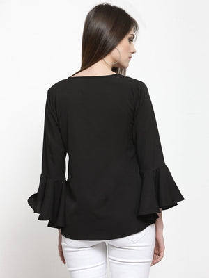 ZARVEY Casual Bell Sleeve Solid Women Black Top
