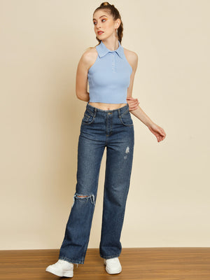 TANDUL  Casual Regular Sleeves Solid Women Blue Top