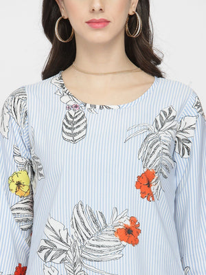 ZARVEY Casual Regular Sleeve Printed, Floral Print Women Light Blue, White Top