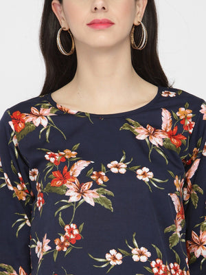ZARVEY Casual Slit Sleeve Printed, Floral Print Women Blue Top