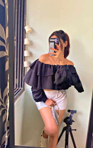 Casual Off Shoulder Sleeve Solid Women Black Top
