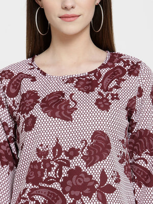ZARVEY Casual Bell Sleeve Printed Women White, Maroon Top