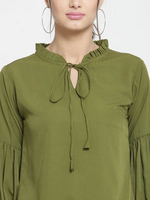 ZARVEY Casual Bishop Sleeve Solid Women Green Top
