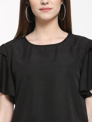 ZARVEY Casual Petal Sleeve Solid Women Black Top