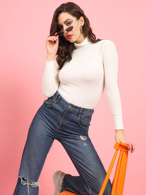 TANDUL  Women Solid High Neck White Sweater