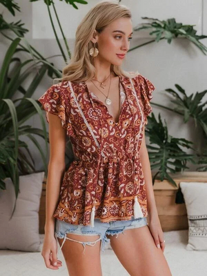 Casual Cap Sleeves Printed Women Multicolor Top