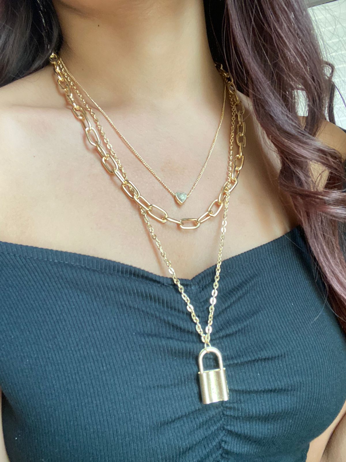 JEWEL Lock And Heart 3 Layered Chain