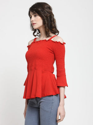 ZARVEY Casual Cold Shoulder Striped Women Red Top