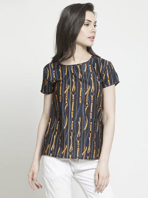 ZARVEY Casual Regular Sleeve Printed Women Dark Blue, Yellow Top