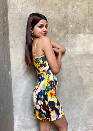 TANDUL brush print bodycon high low dress