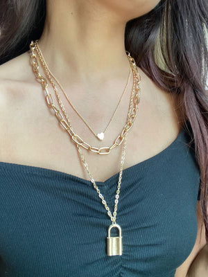 JEWEL Lock And Heart 3 Layered Chain