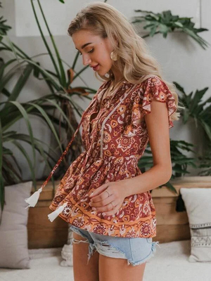 Casual Cap Sleeves Printed Women Multicolor Top
