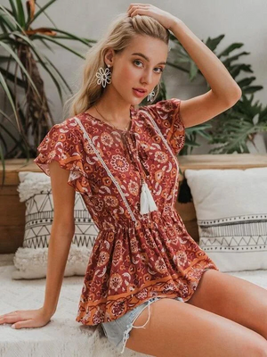 Casual Cap Sleeves Printed Women Multicolor Top