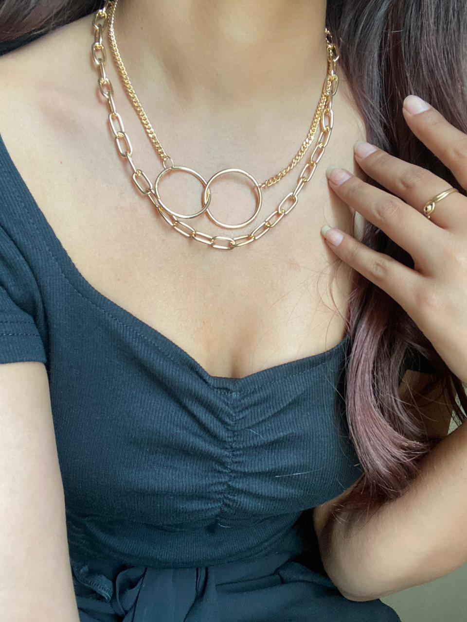 JEWEL Double Layered Chain With Doube Ring Locket
