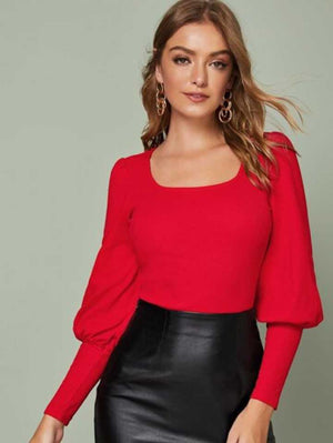 TANDUL  Casual Puff Sleeves Solid Women Red Top