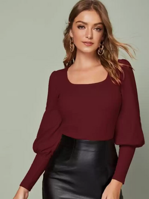 TANDUL  Casual Puff Sleeves Solid Women Maroon Top