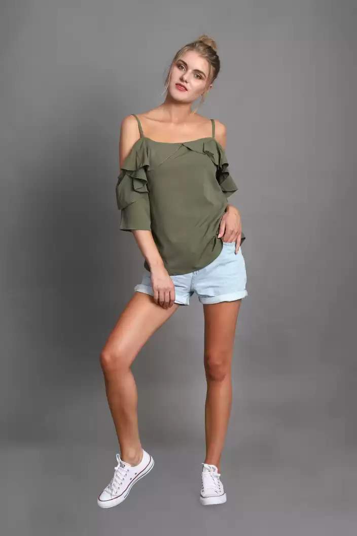 TANDUL  Casual Cold Shoulder Sleeves Solid Women Green Top