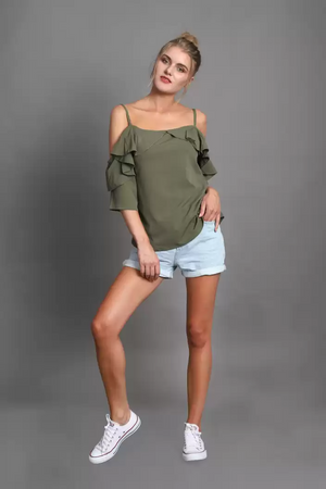 TANDUL  Casual Cold Shoulder Sleeves Solid Women Green Top