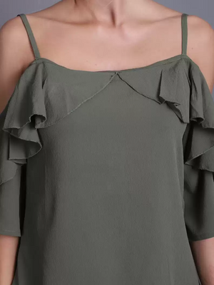 TANDUL  Casual Cold Shoulder Sleeves Solid Women Green Top