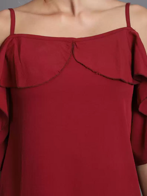 TANDUL  Casual Cold Shoulder Sleeves Solid Women Maroon Top