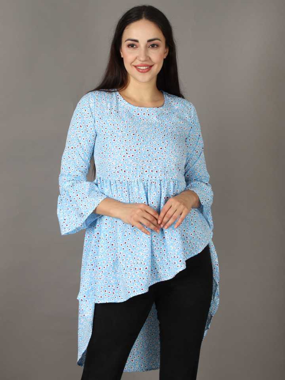 Casual Bell Sleeves Printed Women Blue Top