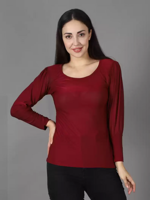TANDUL  Casual Regular Sleeves Solid Women Maroon Top With Mask