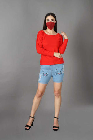 TANDUL  Casual Regular Sleeves Solid Women Red Top With Mask