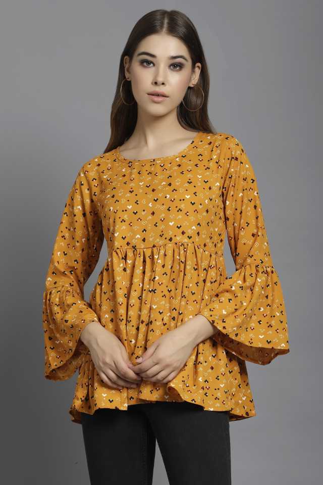 Casual Bell Sleeves Printed Women Multicolor Top