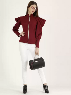 TANDUL  Casual Cuffed Sleeves Solid Women Maroon Top