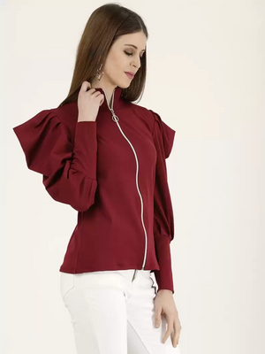 TANDUL  Casual Cuffed Sleeves Solid Women Maroon Top