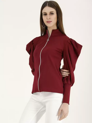 TANDUL  Casual Cuffed Sleeves Solid Women Maroon Top