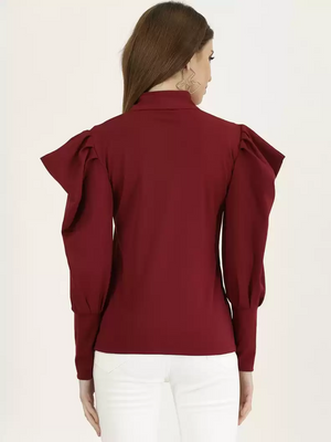TANDUL  Casual Cuffed Sleeves Solid Women Maroon Top