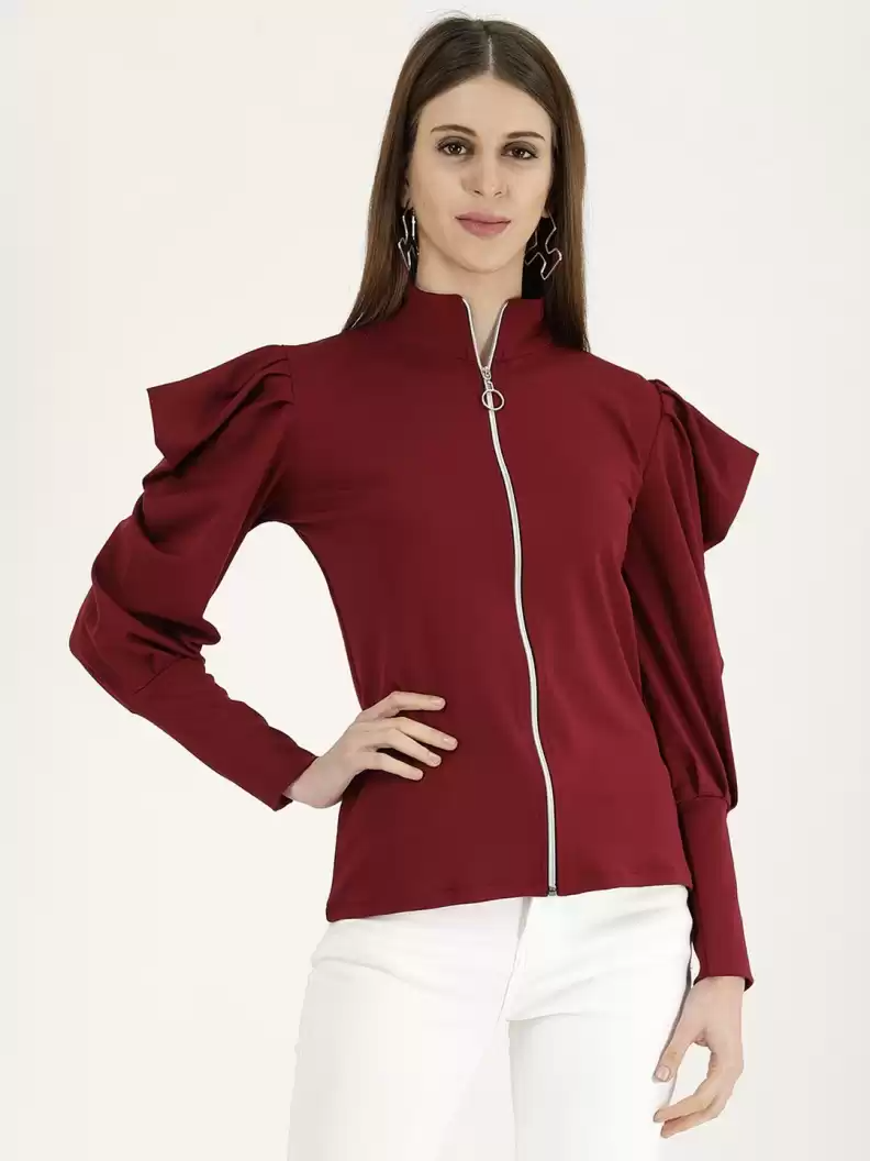 TANDUL  Casual Cuffed Sleeves Solid Women Maroon Top