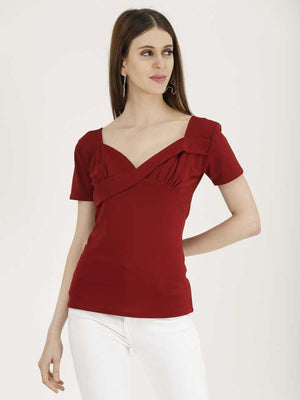 Casual Regular Sleeves Solid Women Maroon Top