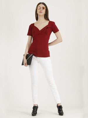 Casual Regular Sleeves Solid Women Maroon Top