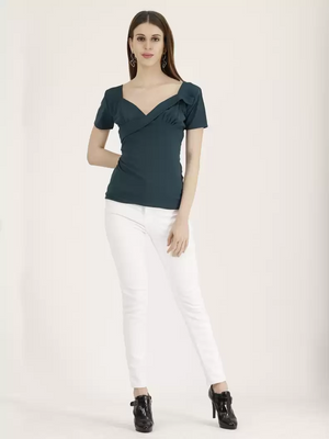 TANDUL  Casual Sleeveless Solid Women Dark Green Top