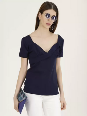 TANDUL  Casual Dolman Sleeve Solid Women Dark Blue Top