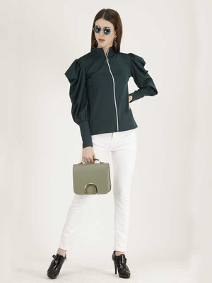 Casual Regular Sleeves Solid Women Dark Green Top