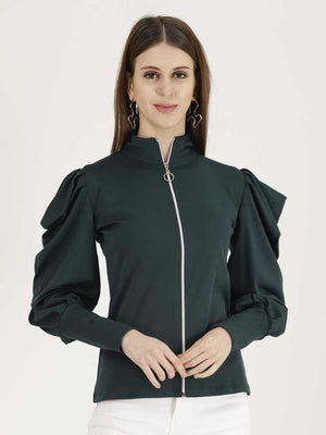 Casual Regular Sleeves Solid Women Dark Green Top