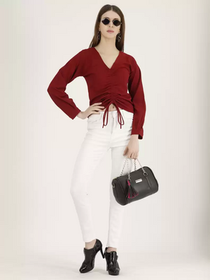 TANDUL  Casual Regular Sleeves Solid Women Maroon Top