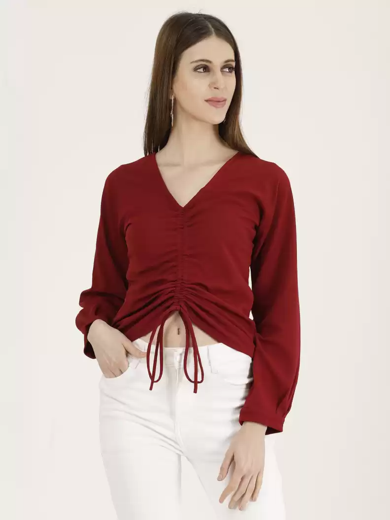 TANDUL  Casual Regular Sleeves Solid Women Maroon Top