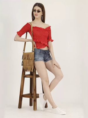 TANDUL  Casual Regular Sleeves Solid Women Red Top