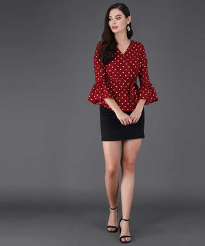 Casual Regular Sleeves Printed Women Maroon Top