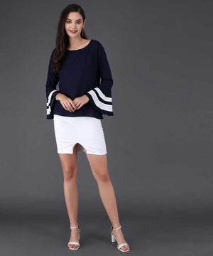 Casual Bell Sleeves Solid Women Blue Top