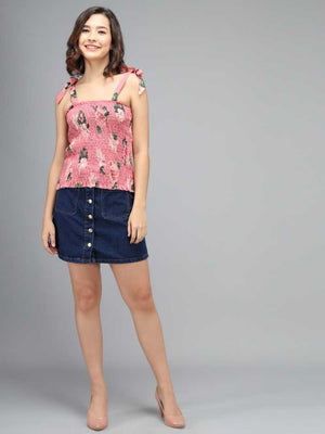 Casual Shoulder Straps Floral Print Women Pink Top