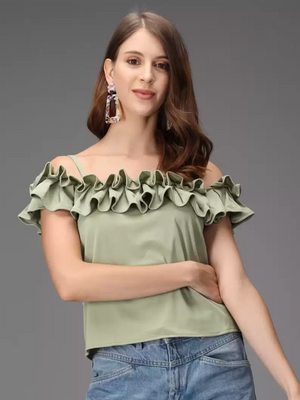 TANDUL  Casual Shoulder Straps Solid Women Green Top