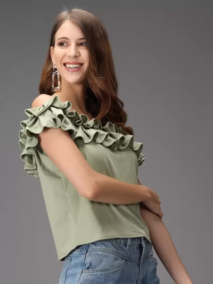TANDUL  Casual Shoulder Straps Solid Women Green Top