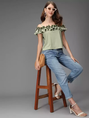 TANDUL  Casual Shoulder Straps Solid Women Green Top